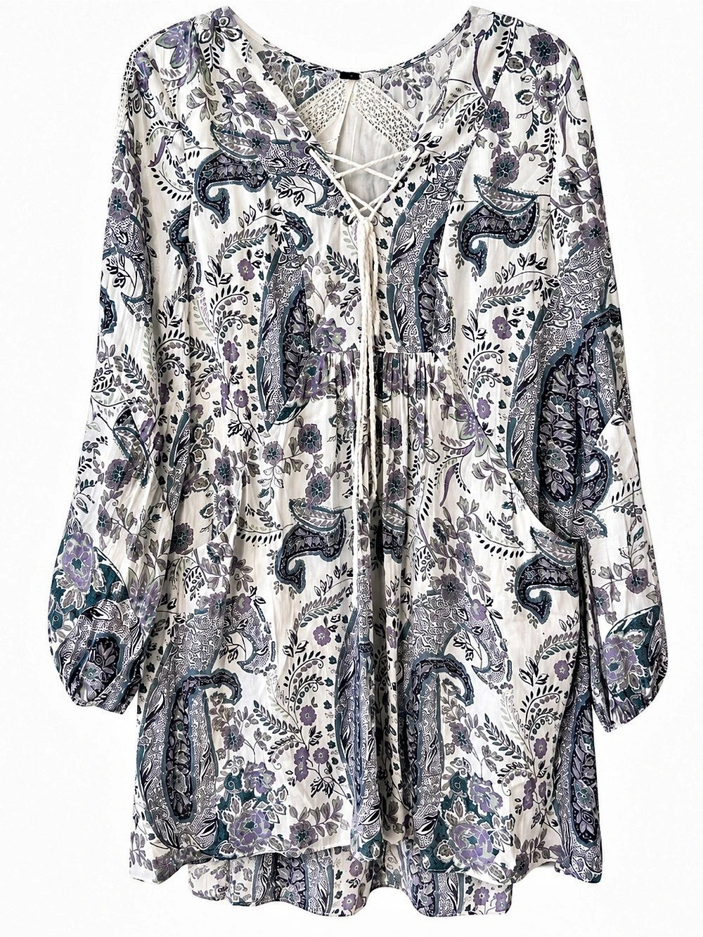 Free People Rain or Shine Tunic Dress Paisley Mini White & Purple Large